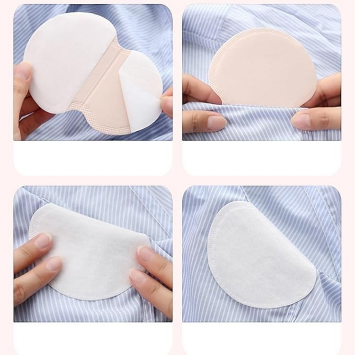 Waf Store Lebanon adhesive underarm sweat pads being applied to a blue striped shirt for moisture and odor protection.