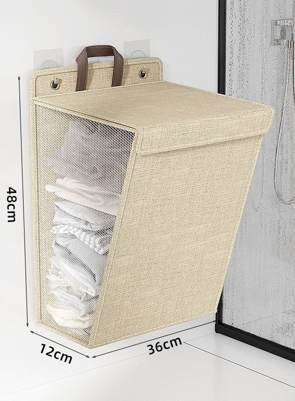Waf Store Lebanon beige collapsible hanging laundry basket with mesh sides and wall-mounted hooks for space saving.