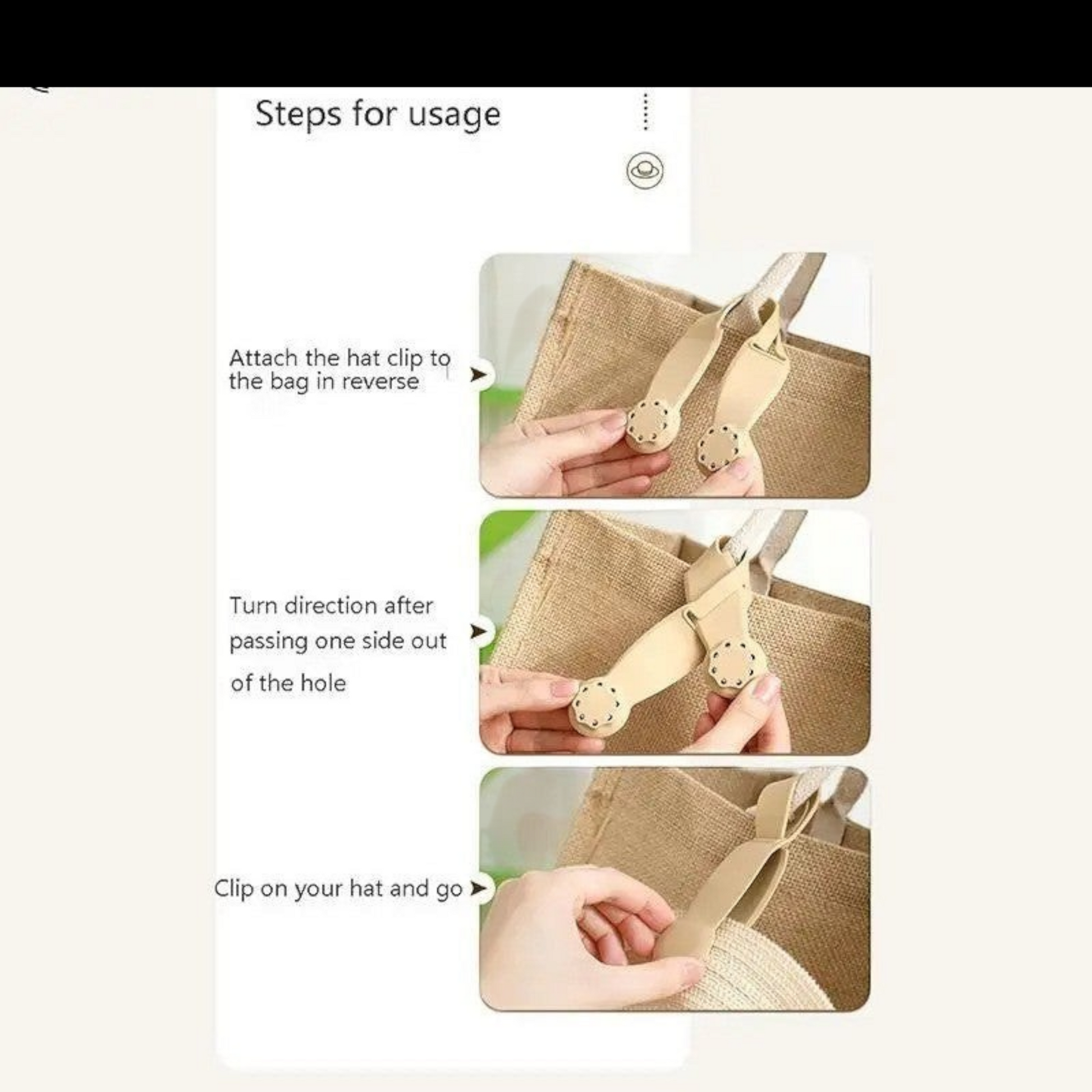 Waf Store Lebanon beige silicone magnetic hat clip demonstrating step-by-step attachment to a tote bag