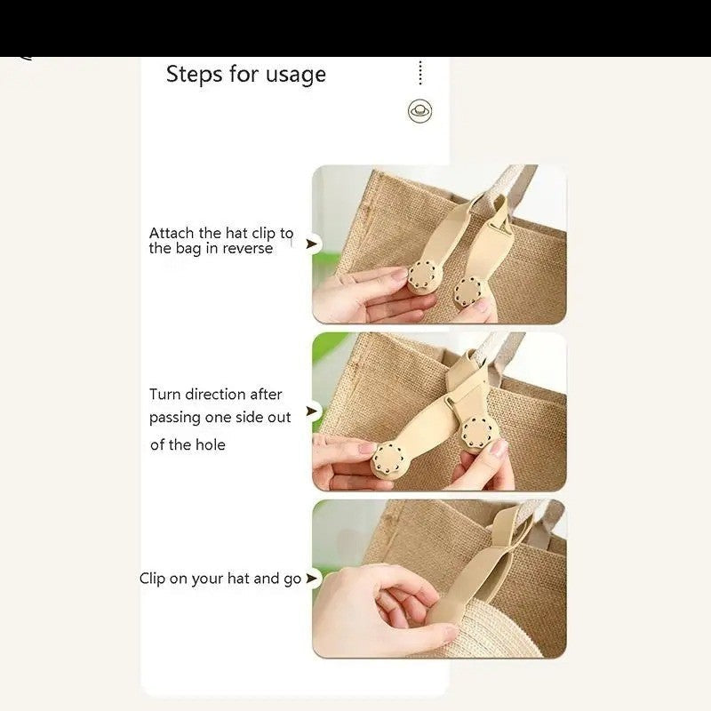 Waf Store Lebanon beige silicone hat clip demonstrating how to attach a sun hat to a tote bag for travel