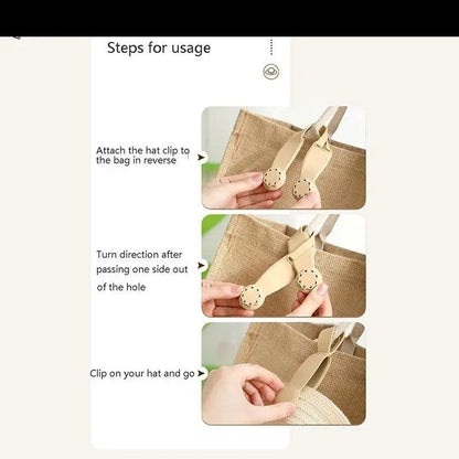 Waf Store Lebanon beige silicone hat clip demonstrating how to attach a sun hat to a tote bag for travel
