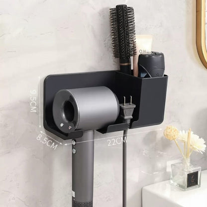 Waf Store Lebanon wall mounted black hair dryer holder with storage compartments for styling tools on a marble wall