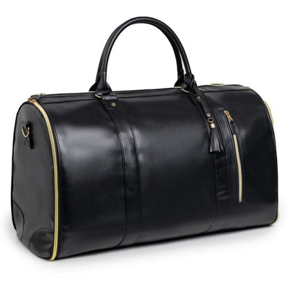 Waf Store Lebanon black waterproof PU leather garment duffel bag with gold zippers and a side tassel detail