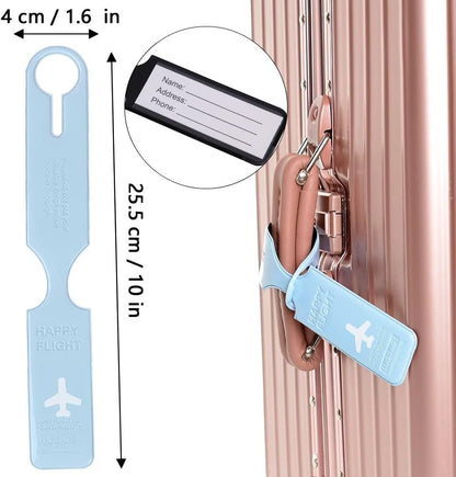 Waf Store Lebanon light blue PVC luggage tag with Happy Flight print and contact information card for suitcases