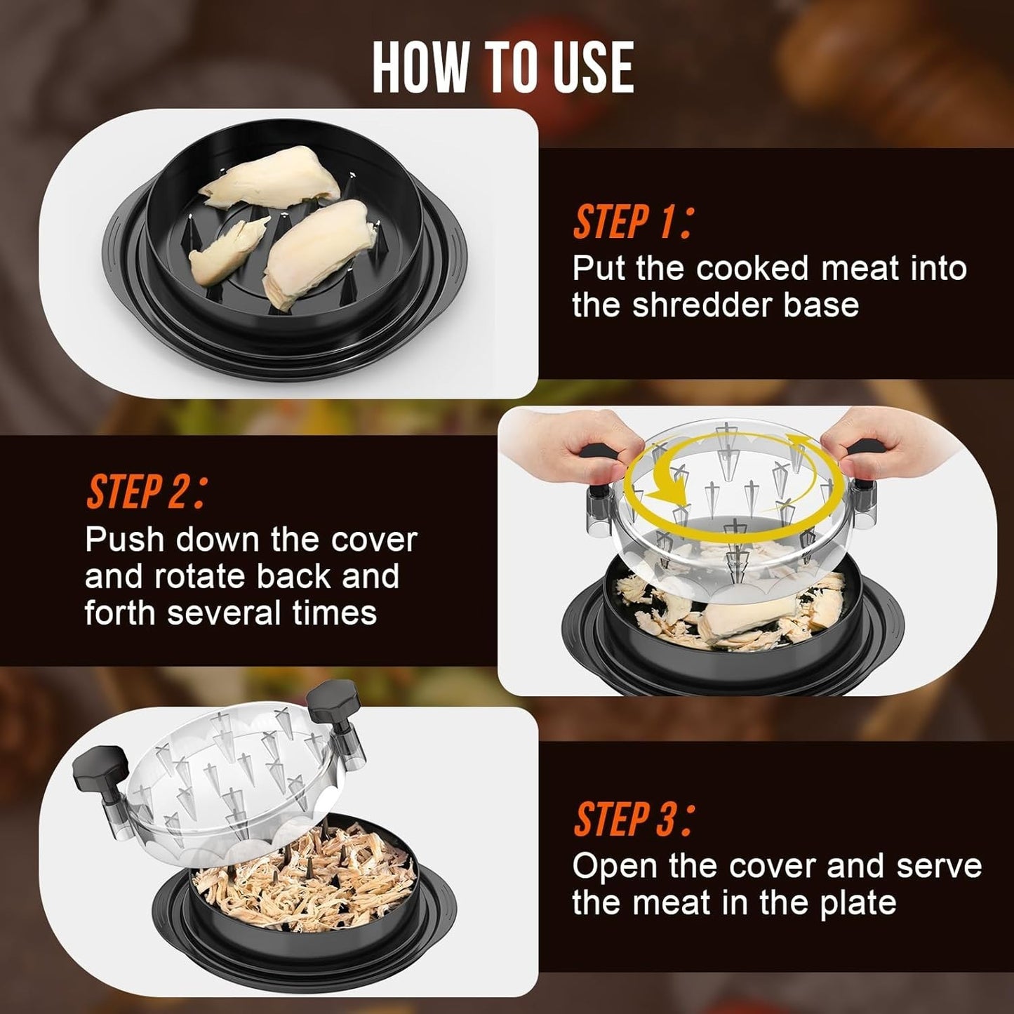 Waf Store Lebanon chicken shredder tool showing three steps to shred cooked meat with a rotating spiked lid