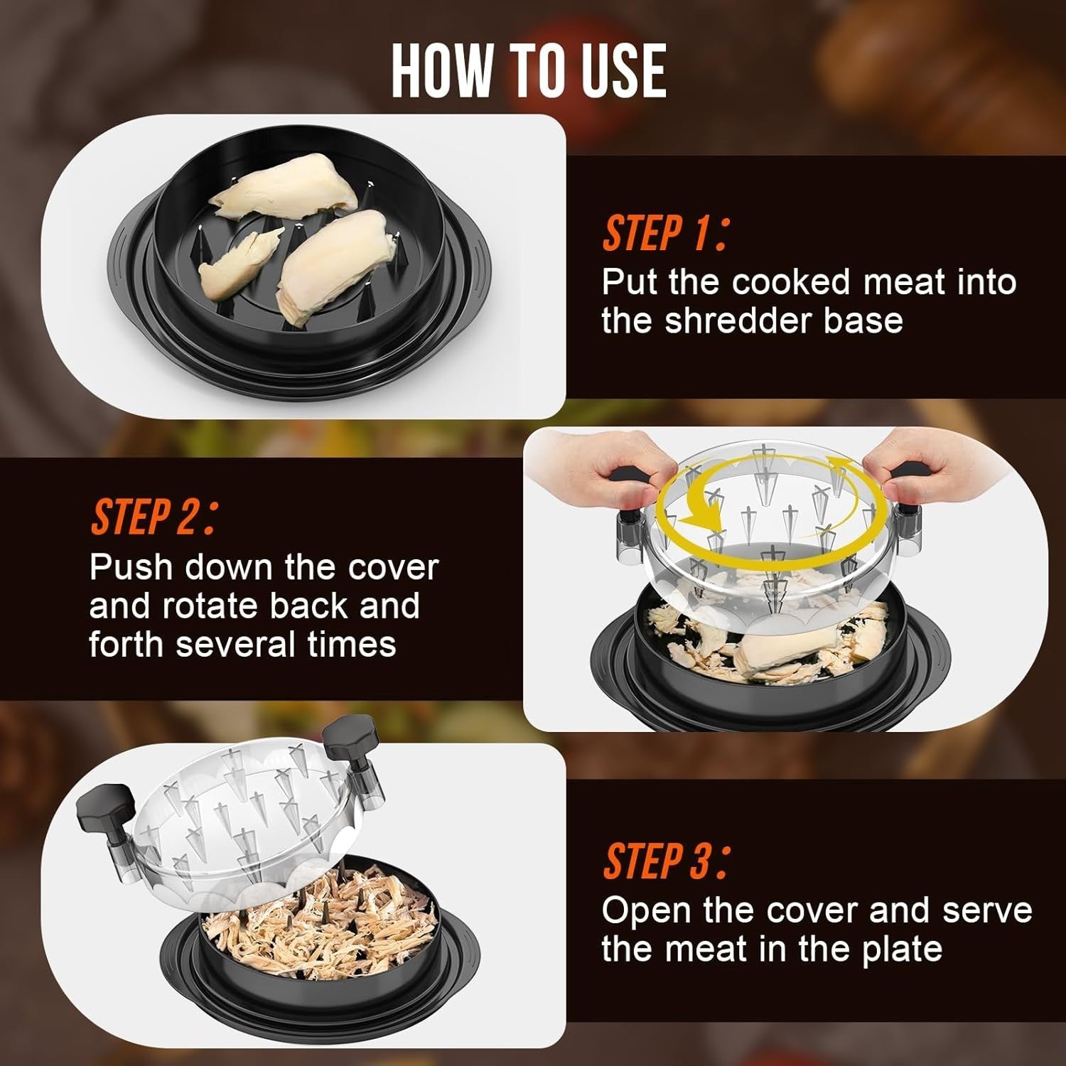 Waf Store Lebanon chicken shredder tool showing three steps to shred cooked meat with a rotating spiked lid