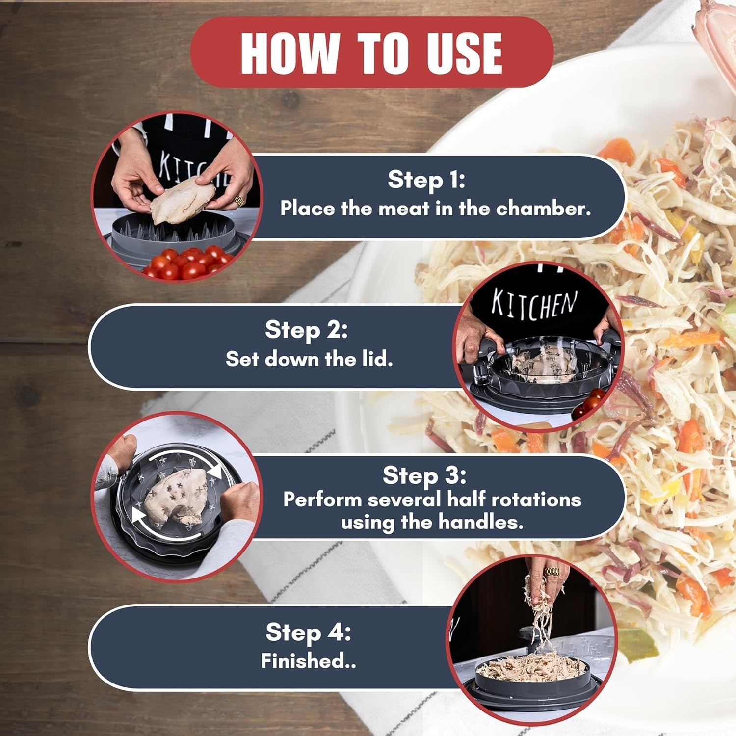 Waf Store Lebanon chicken shredder tool showing four-step usage instructions for mincing cooked meat with ease