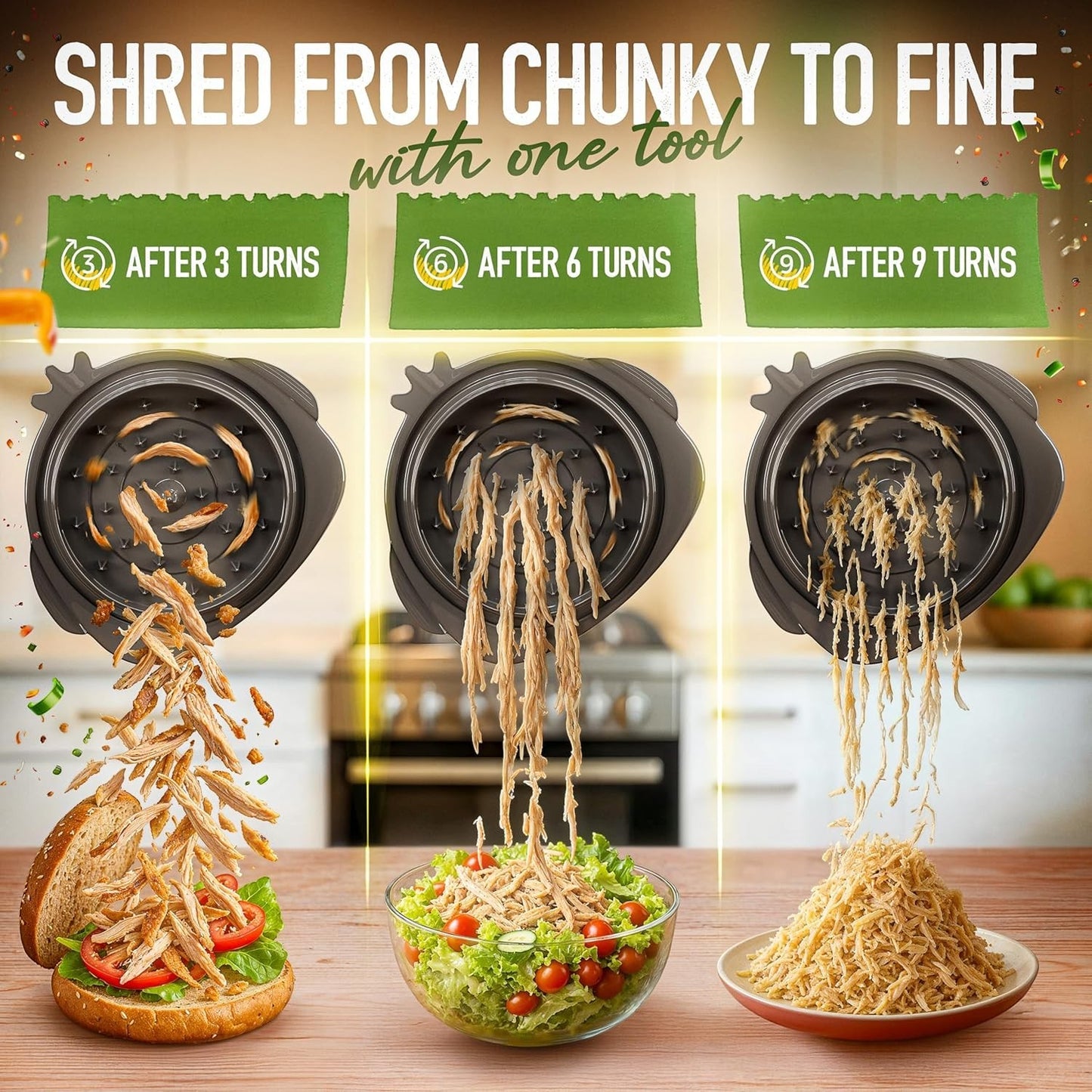 Waf Store Lebanon chicken shredder tool showing three stages of meat shredding from chunky to fine with twist motion