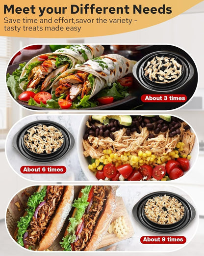 Waf Store Lebanon chicken shredder tool showing shredded meat in wraps, salads, and sandwiches with varying texture levels