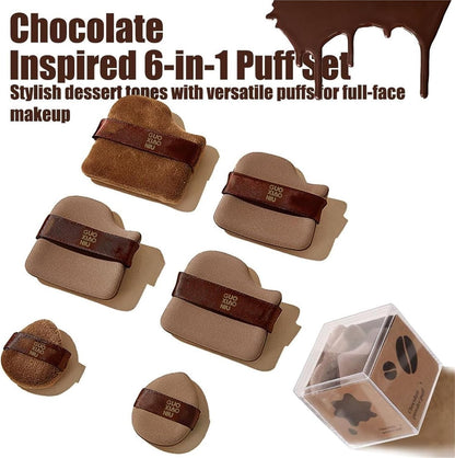Waf Store Lebanon 6-piece chocolate-inspired makeup puff set in various brown shades for wet and dry application.