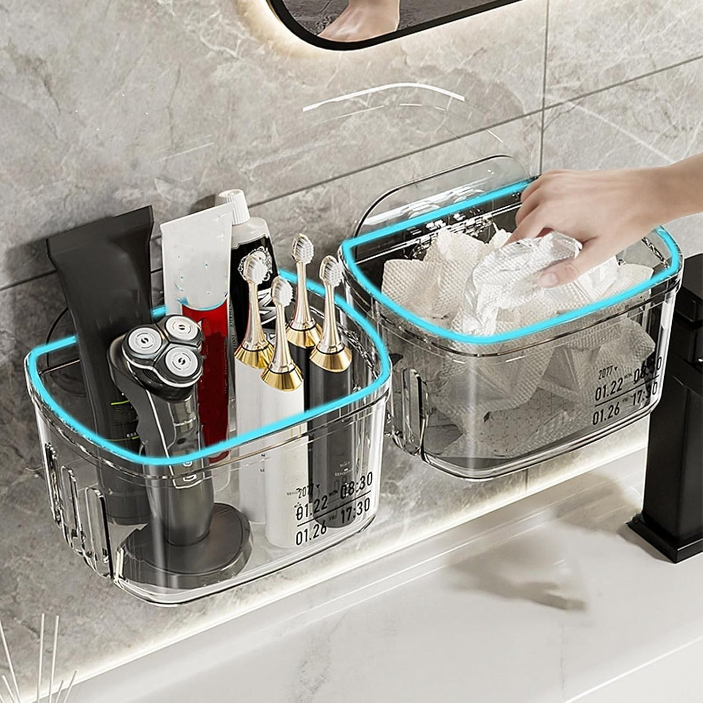 Waf Store Lebanon clear acrylic wall-mounted storage boxes holding bathroom essentials like toothbrushes and razors.