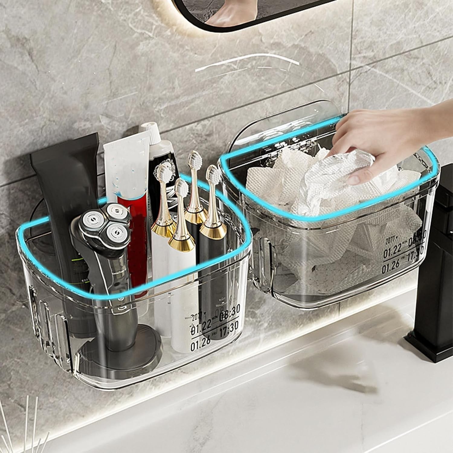 Waf Store Lebanon clear acrylic wall-mounted storage boxes holding bathroom essentials like toothbrushes and razors.