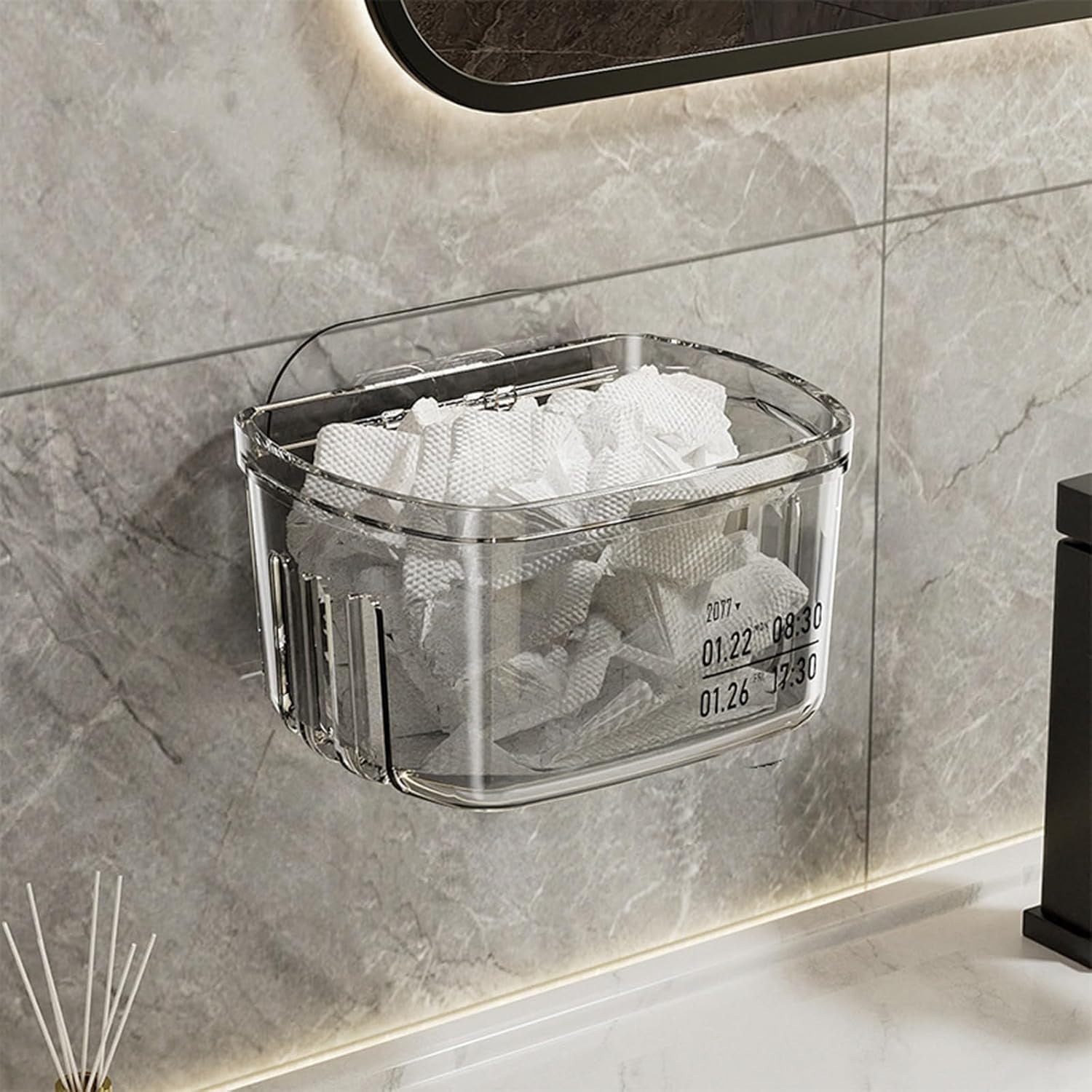 Waf Store Lebanon clear PET acrylic wall-mounted storage box for bathroom essentials mounted on a tiled wall.