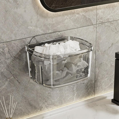 Waf Store Lebanon clear PET acrylic wall-mounted storage box for bathroom essentials mounted on a tiled wall.