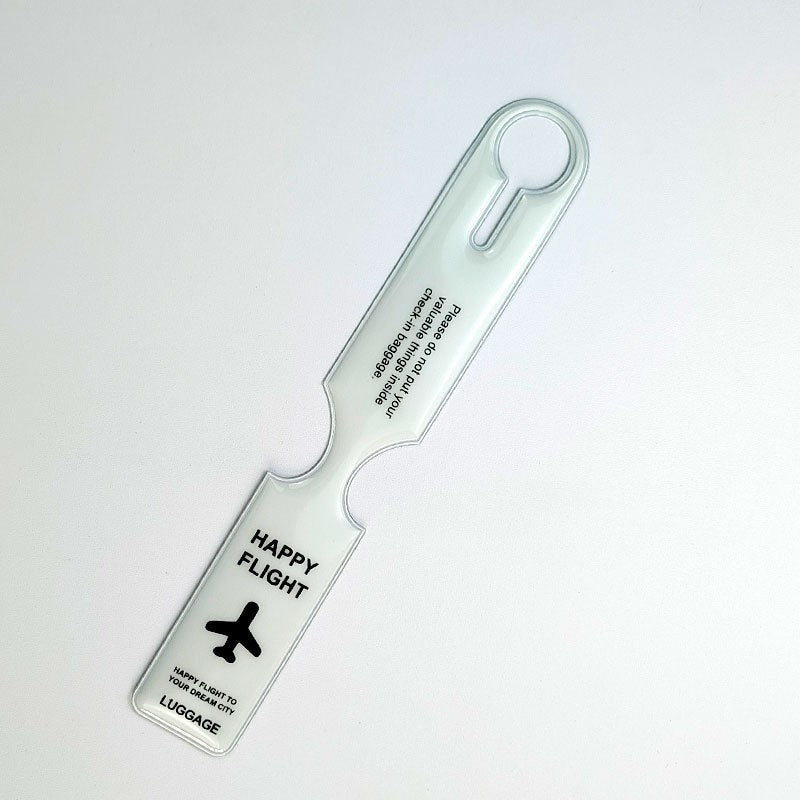 Waf Store Lebanon flexible clear PVC luggage tag featuring a black airplane icon and Happy Flight text