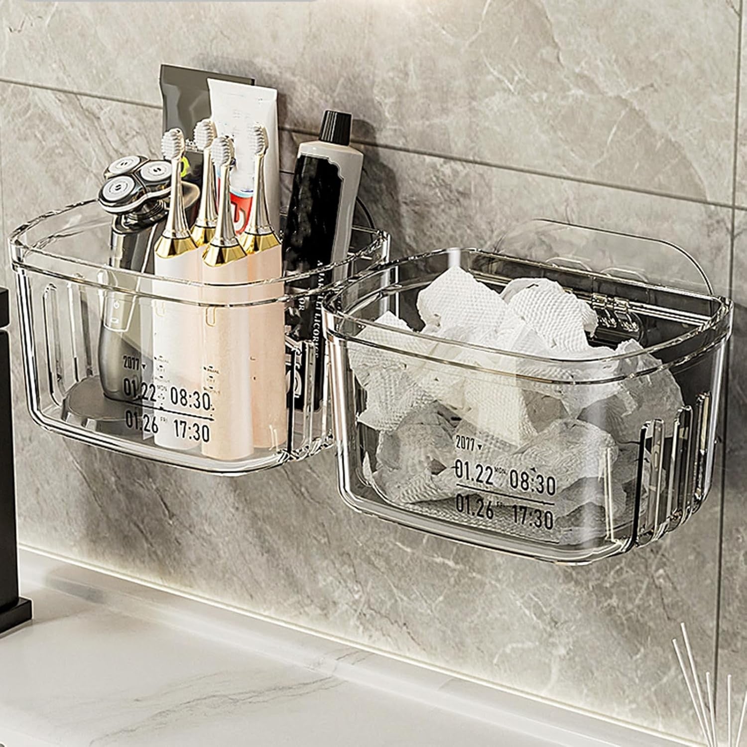 Waf Store Lebanon clear PET wall mounted storage boxes holding bathroom essentials like toothbrushes and toiletries.