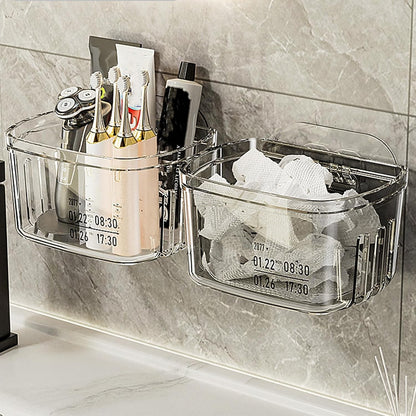 Waf Store Lebanon clear PET wall mounted storage boxes holding bathroom essentials like toothbrushes and toiletries.