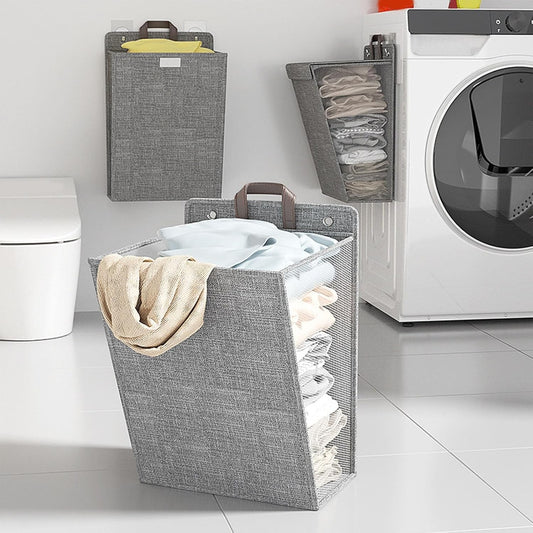Waf Store Lebanon collapsible grey linen laundry baskets hanging on walls and beside a washing machine