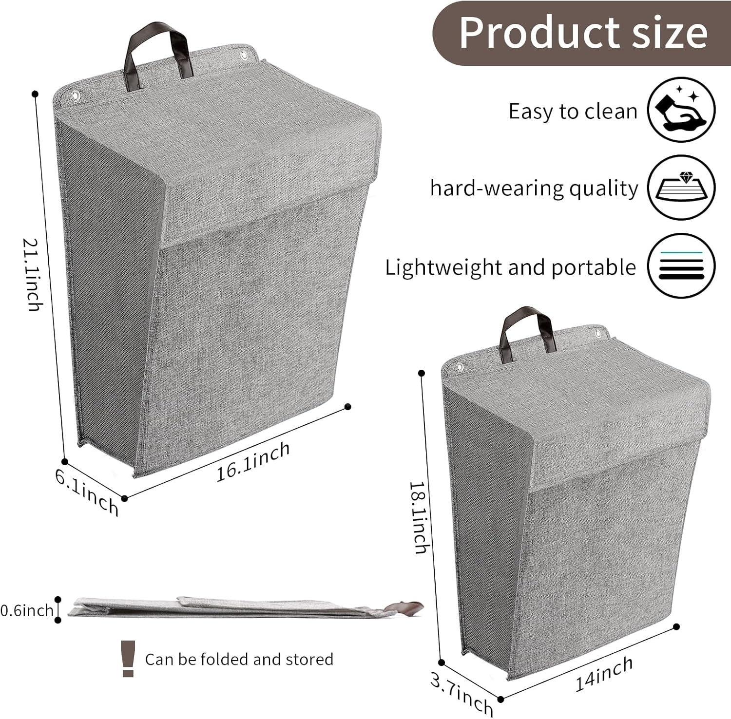 Waf Store Lebanon grey collapsible hanging laundry basket with dimensions and features shown in a diagram