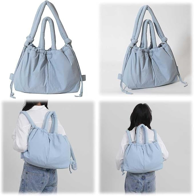 Waf Store Lebanon light blue convertible puffer tote bag and backpack with nylon fabric and adjustable straps.