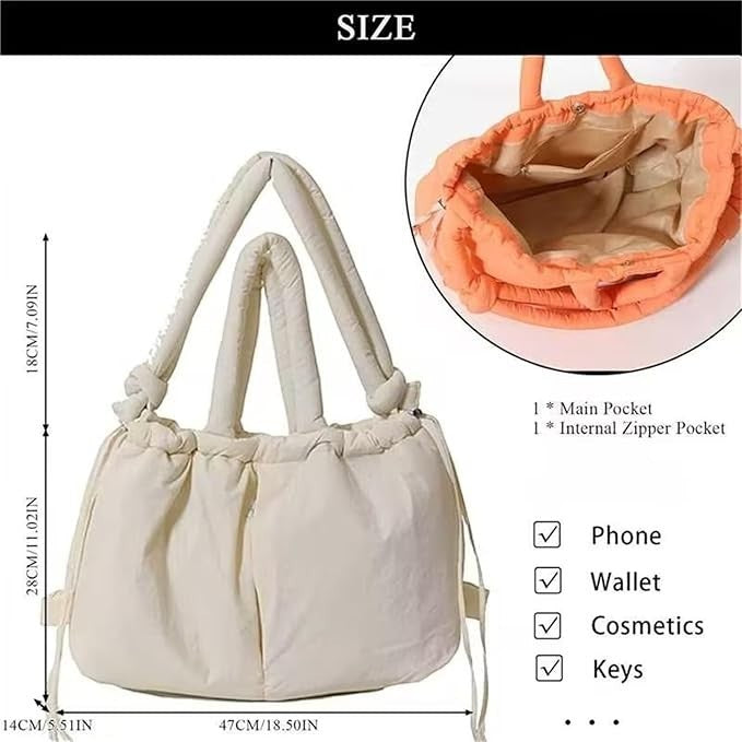 Waf Store Lebanon convertible puffer tote bag in cream nylon with internal pockets and adjustable straps.