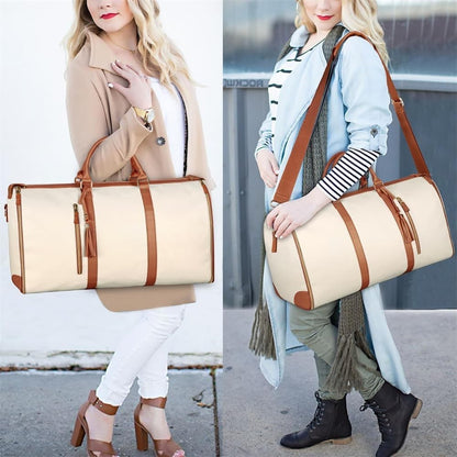 Waf Store Lebanon waterproof PU leather carry-on garment duffel bag in cream and brown, worn by a stylish woman.
