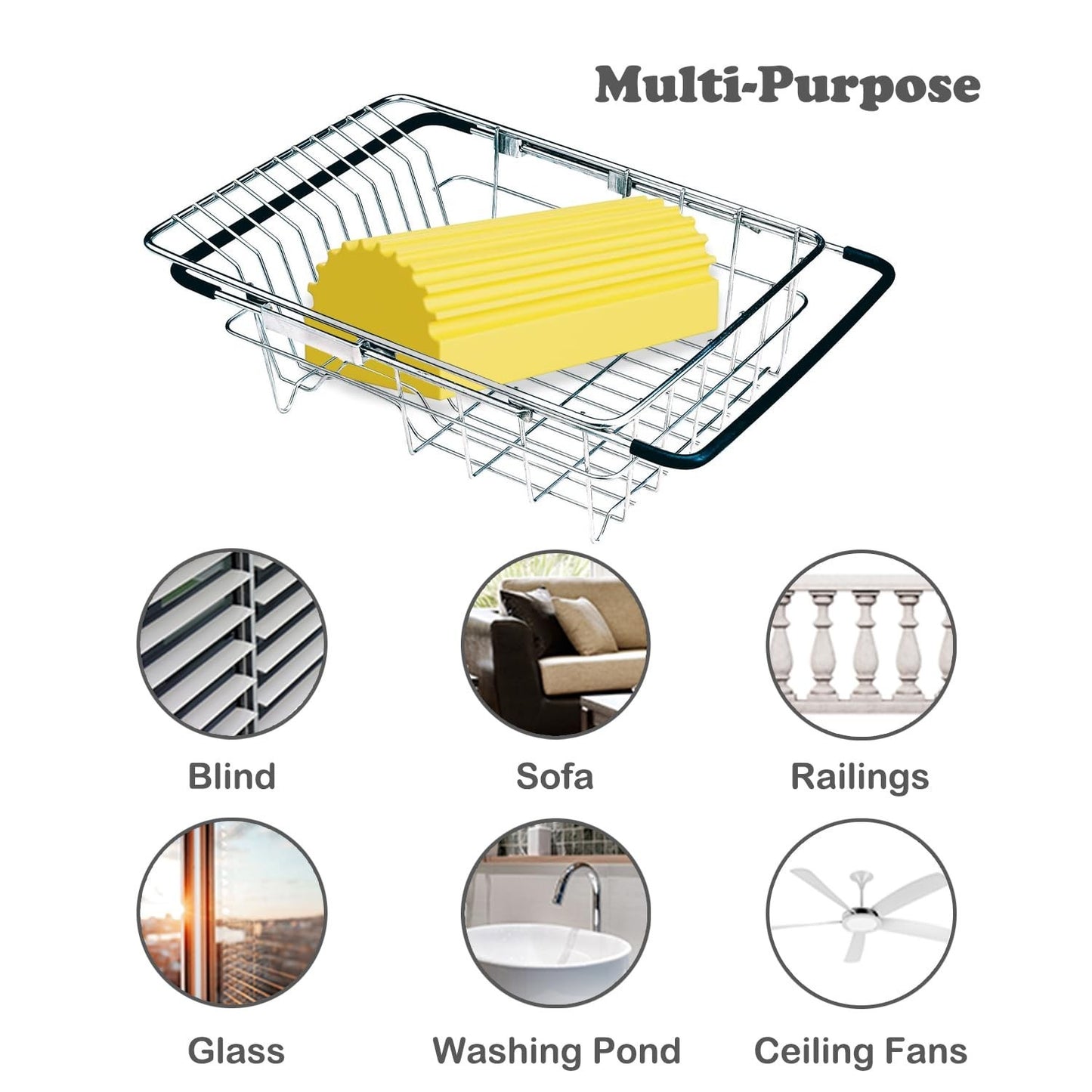 Waf Store Lebanon yellow PVA damp duster sponge in a wire rack with icons showing cleaning uses for blinds and glass