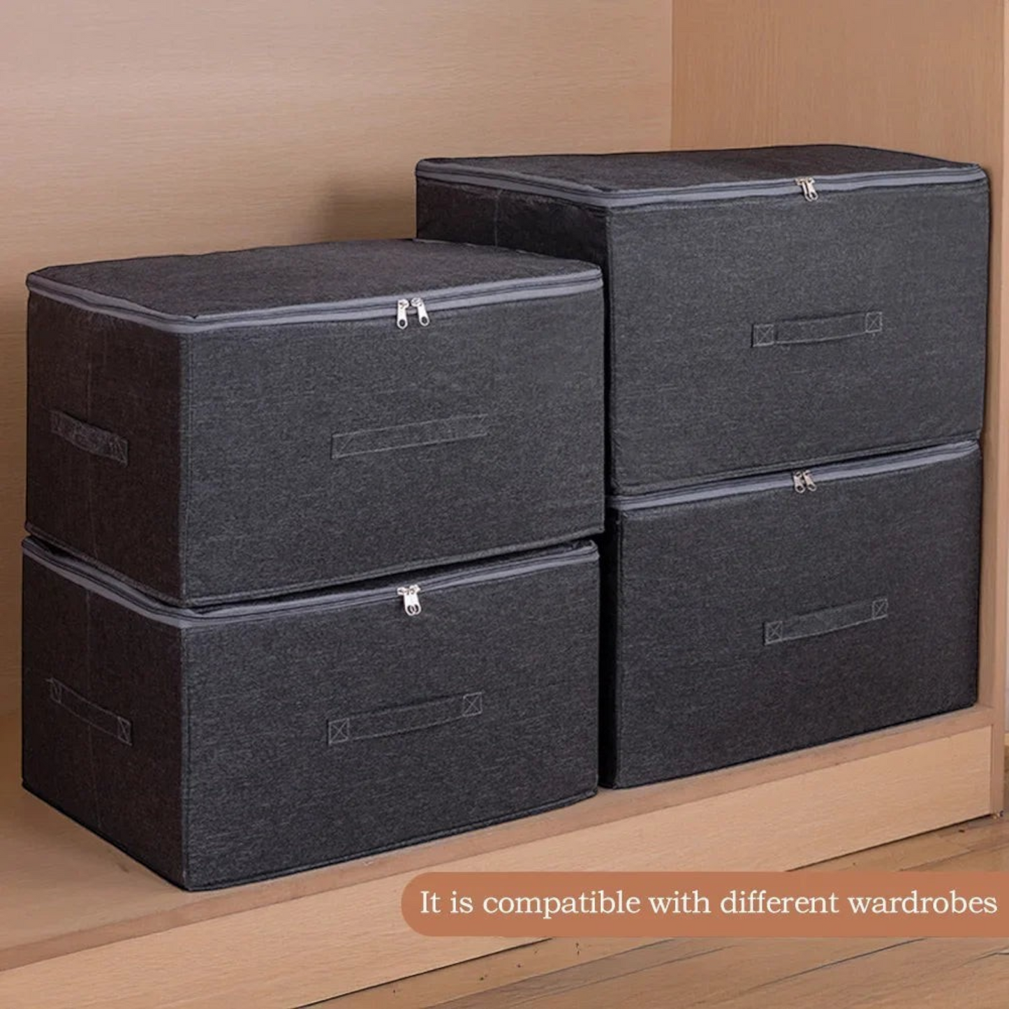 Waf Store Lebanon dark grey oxford fabric storage organizer boxes with lids and zippers stacked in a wooden wardrobe