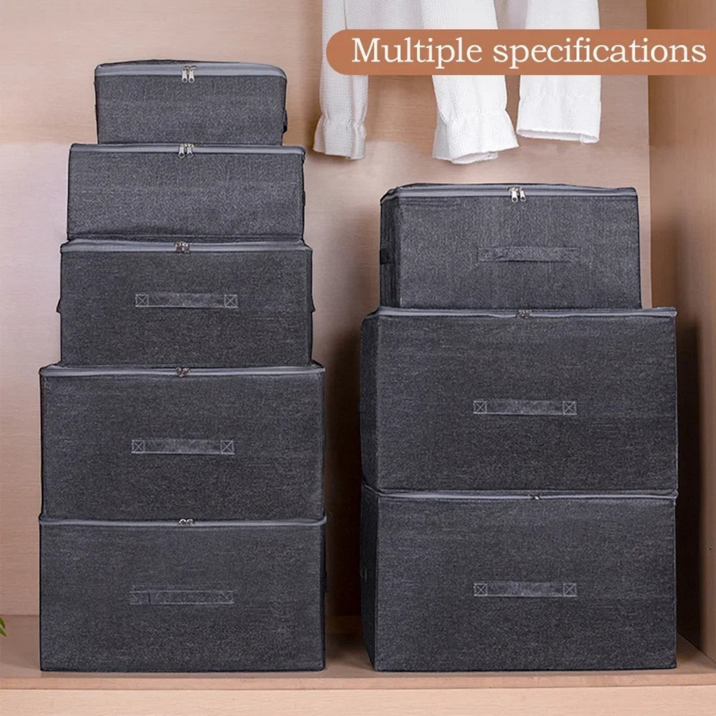 Waf Store Lebanon dark grey oxford fabric storage boxes with lids and zippers stacked inside a wooden wardrobe