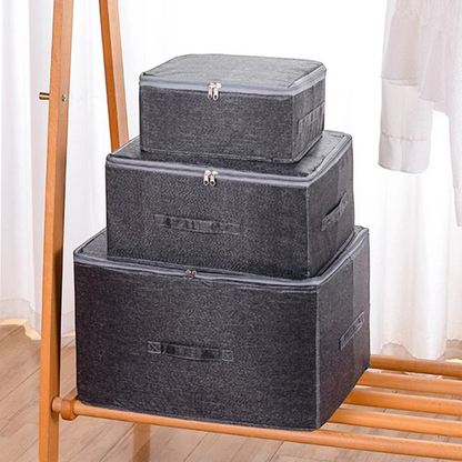 Waf Store Lebanon dark grey oxford fabric storage boxes with lids and zippers stacked on a wooden rack