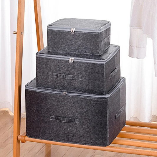 Waf Store Lebanon dark grey oxford fabric storage boxes with lids and zippers stacked on a wooden rack