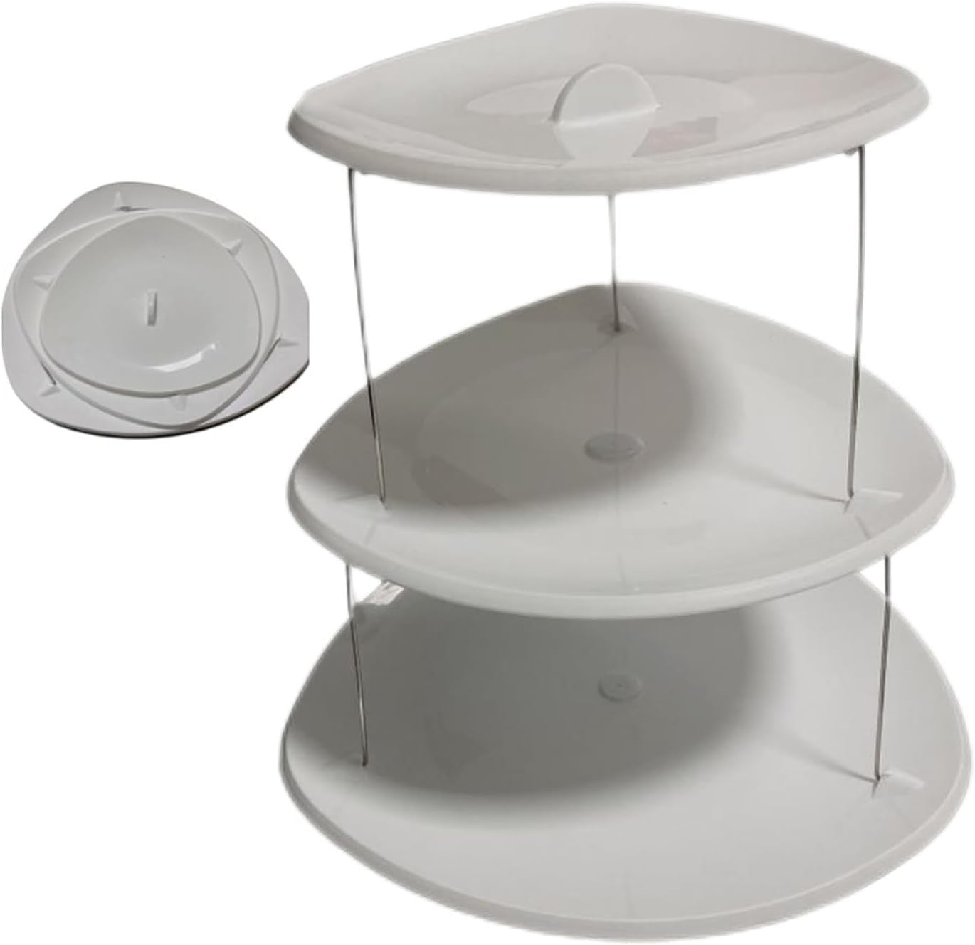 Waf Store Lebanon white 3-tier foldable plastic snack tray for serving appetizers, cakes, and fruit at events.