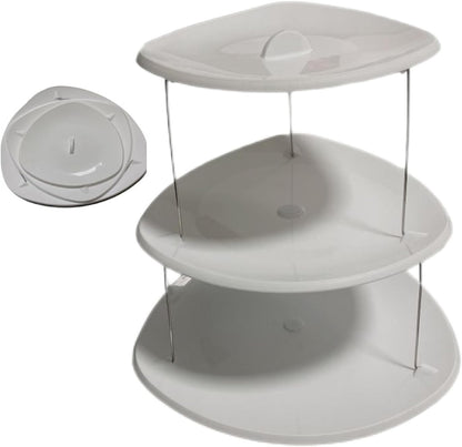 Waf Store Lebanon white 3-tier foldable plastic snack tray for serving appetizers, cakes, and fruit at events.
