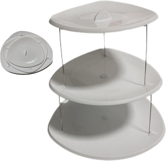Waf Store Lebanon white 3-tier foldable plastic snack tray for serving appetizers, cakes, and fruit at events.