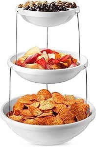 Waf Store Lebanon 3-tier white plastic foldable snack tray filled with chips, fruit, and nuts for party serving.