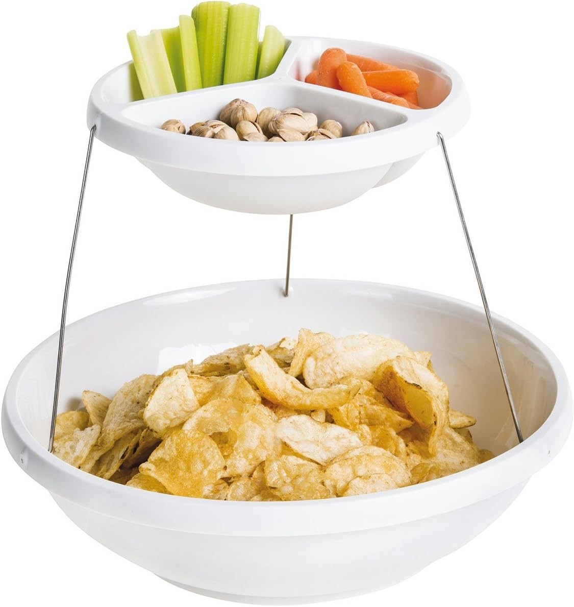 Waf Store Lebanon white foldable 2-tier plastic snack tray holding chips, vegetables, and nuts for party serving.