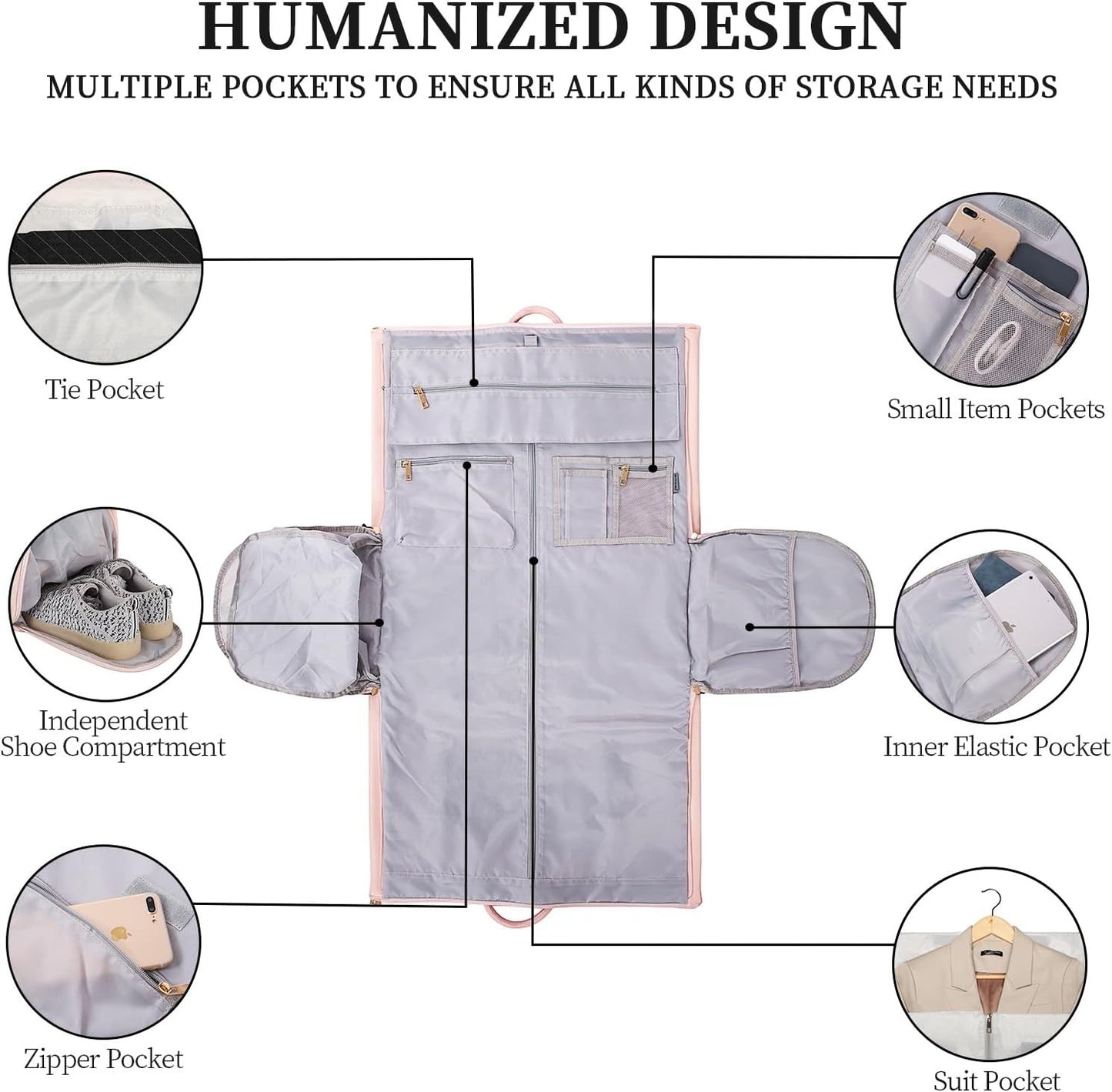 Waf Store Lebanon garment bag interior layout showing shoe compartment, suit pocket, and multiple storage organizers