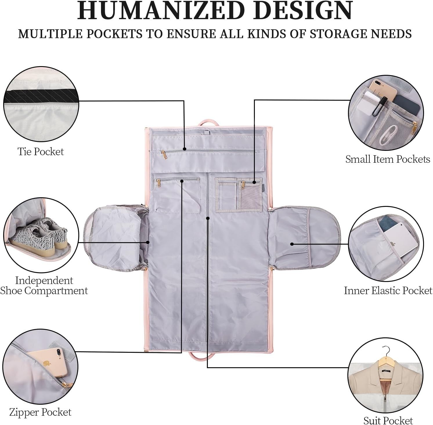 Waf Store Lebanon garment bag interior layout showing shoe compartment, suit pocket, and multiple storage organizers