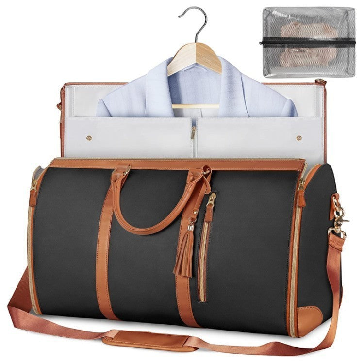 Waf Store Lebanon waterproof PU leather garment duffel bag in black and tan with a hanging suit and shoe pouch.