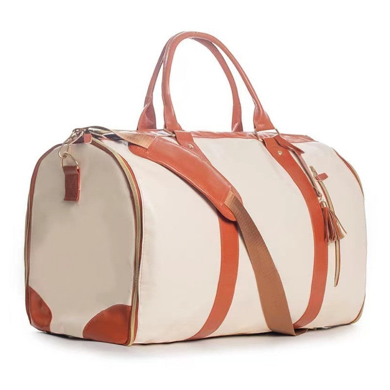 Waf Store Lebanon waterproof PU leather garment duffel bag in cream and tan with detachable shoulder strap