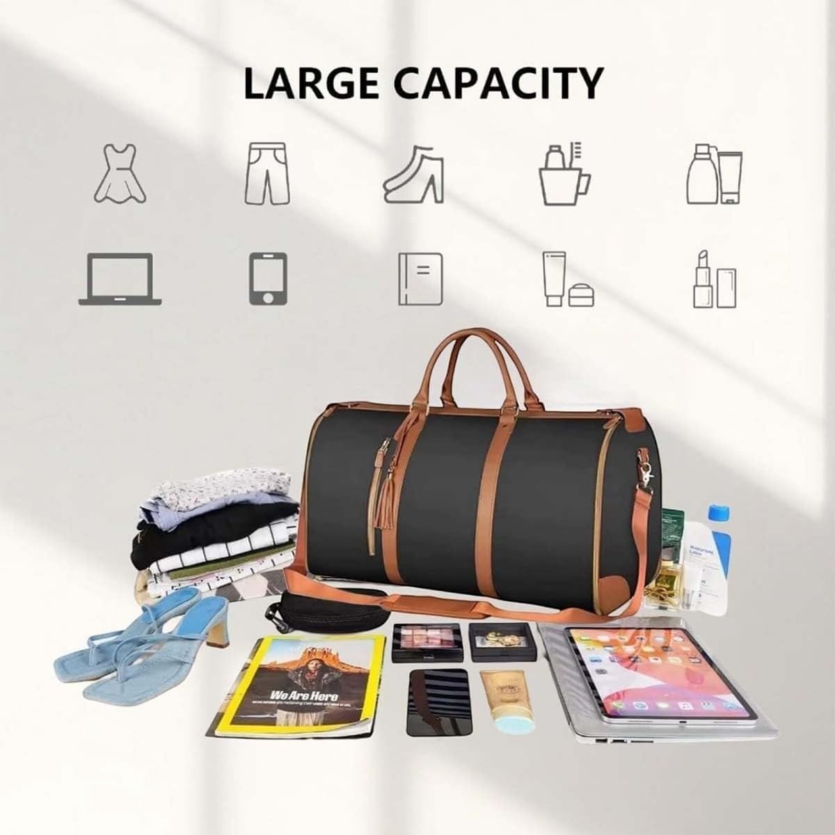 Waf Store Lebanon black and brown PU leather garment duffel bag with travel essentials and shoe pouch