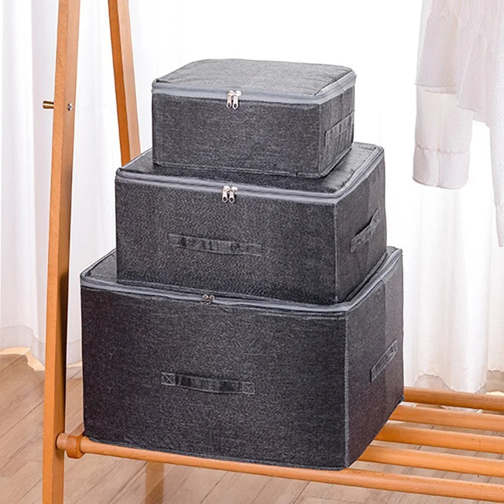 Waf Store Lebanon dark grey oxford fabric storage boxes with lids and zippers stacked on a wooden rack