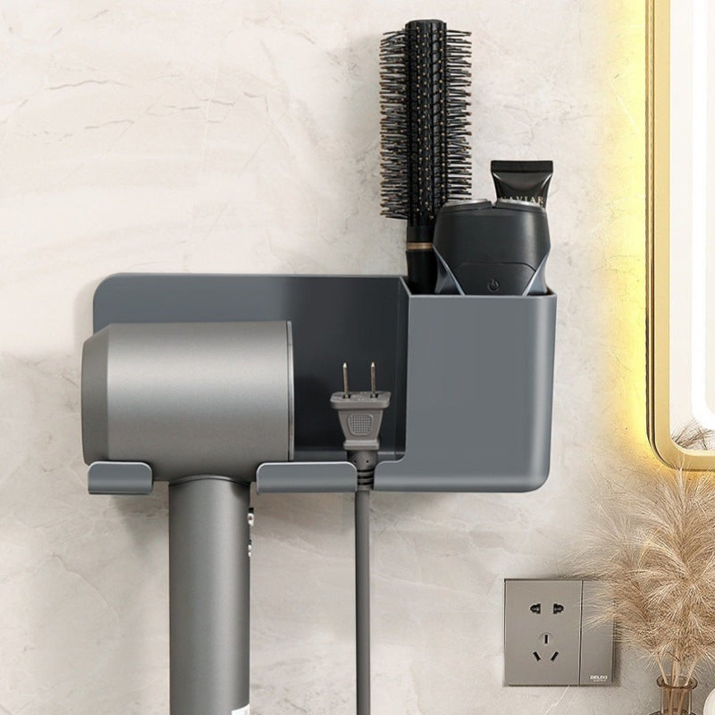 Waf Store Lebanon wall mounted grey hair dryer holder with storage compartments for styling brushes and accessories