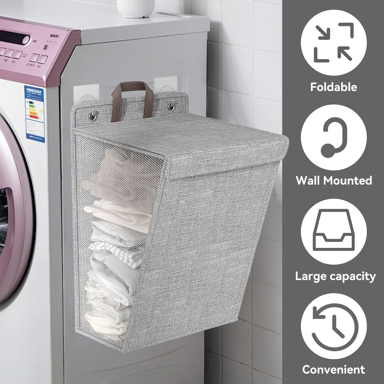 Waf Store Lebanon grey linen hanging laundry basket mounted on a washing machine with mesh sides for ventilation.
