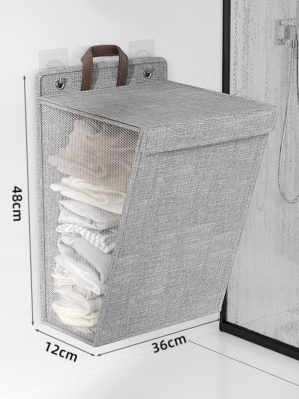 Waf Store Lebanon grey collapsible hanging laundry basket with mesh sides and brown handles mounted on a wall.