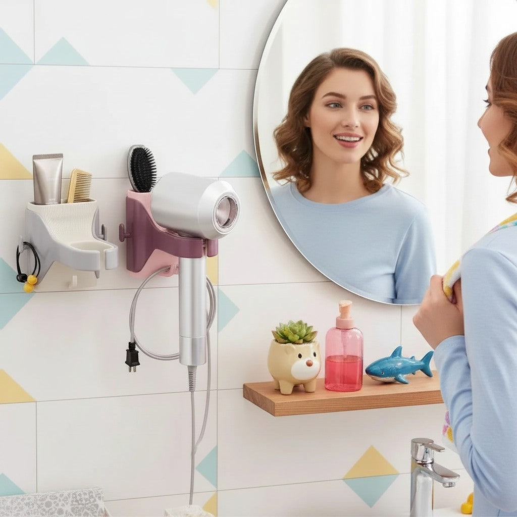 Waf Store Lebanon wall-mounted hair dryer holder with storage shelf for brushes in a modern bathroom setting