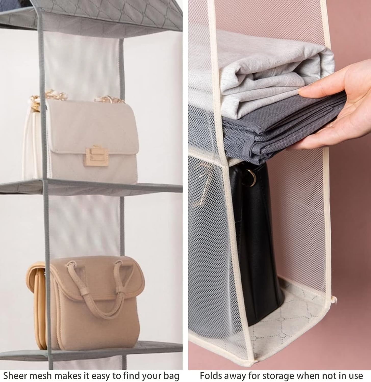 Waf Store Lebanon 4-layer hanging handbag organizer made of grey non-woven fabric and breathable mesh for closets.