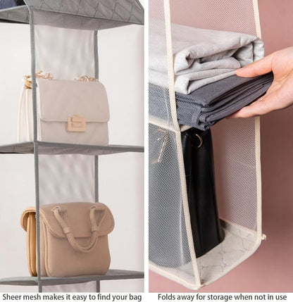 Waf Store Lebanon 4-layer hanging handbag organizer made of grey non-woven fabric and breathable mesh for closets.