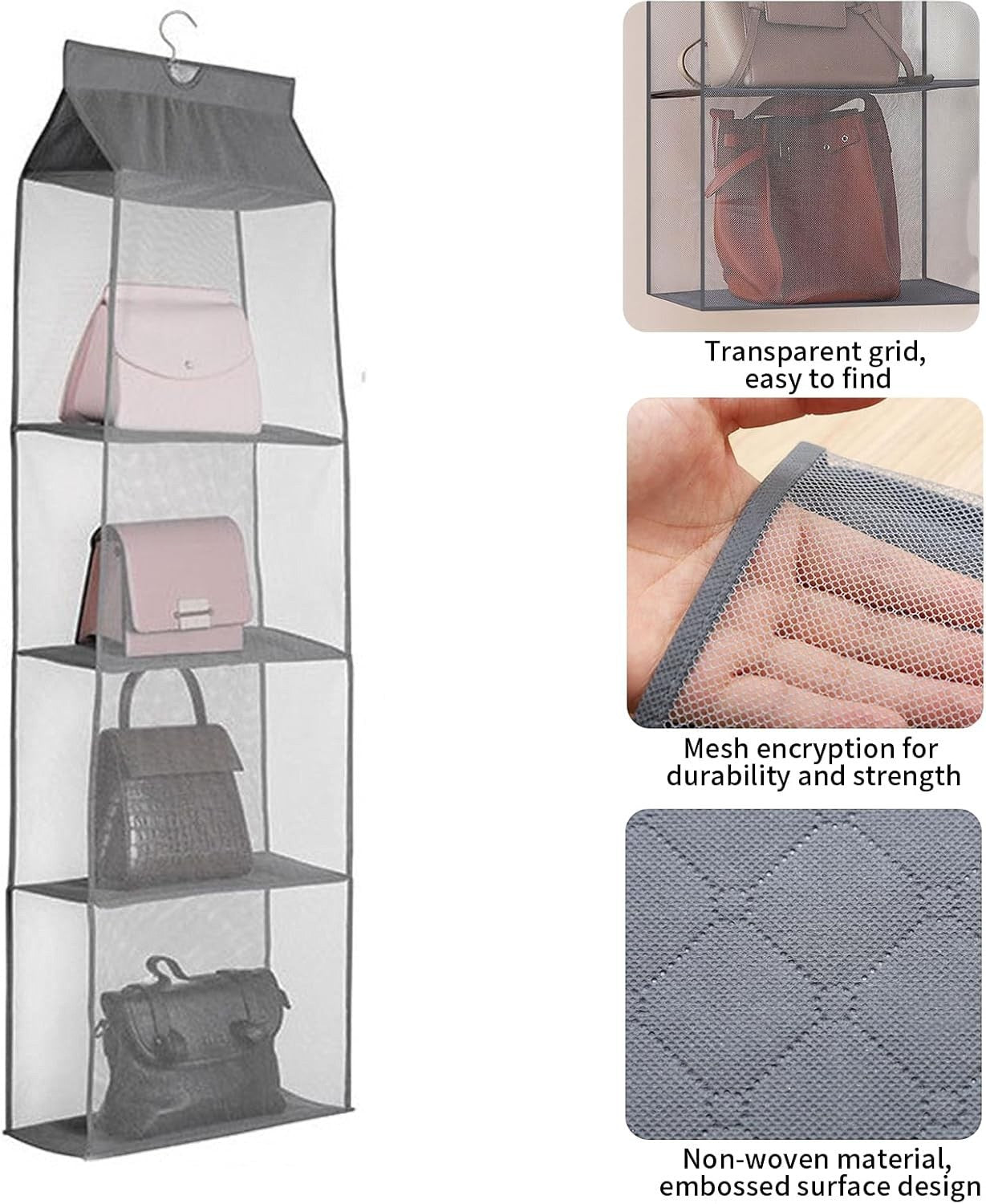 Waf Store Lebanon 4-tier hanging handbag organizer made of grey non-woven fabric and durable mesh for closet storage