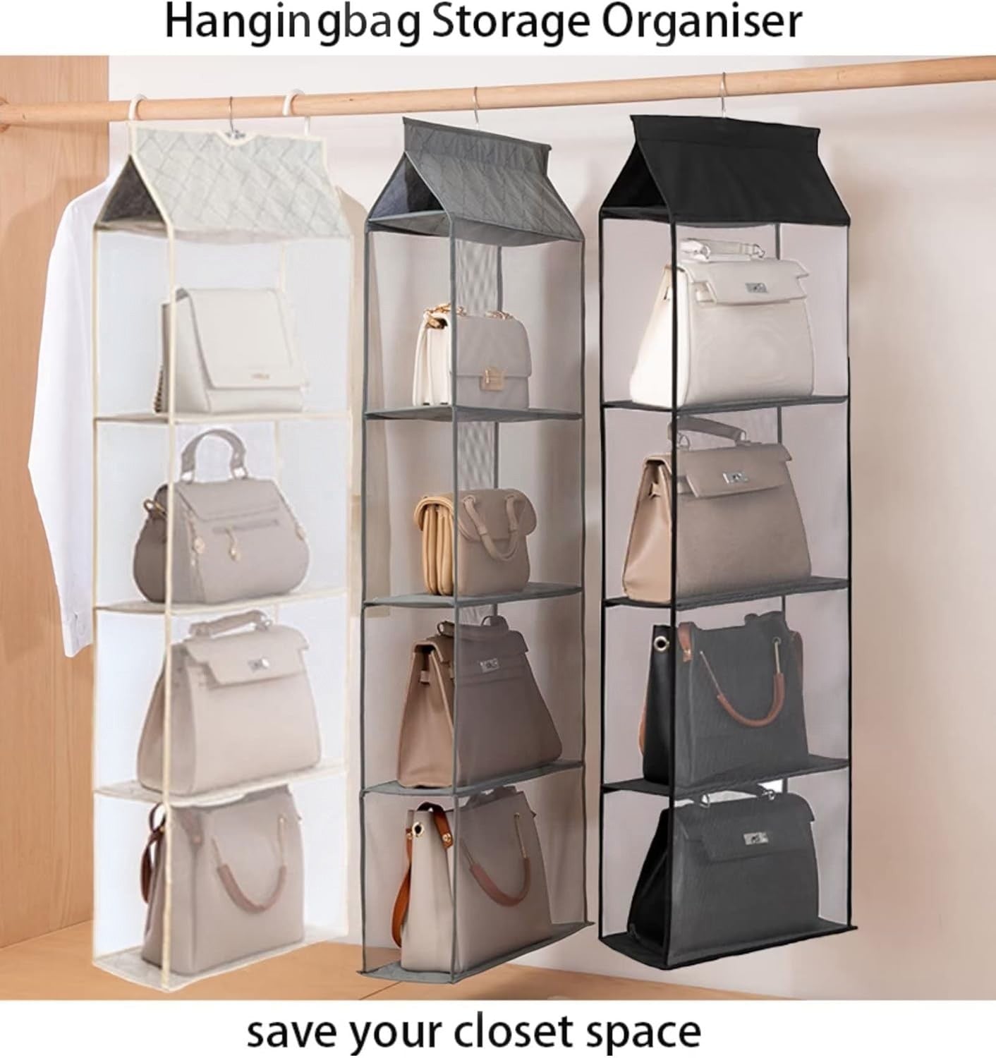 Waf Store Lebanon hanging handbag organizer with 4 mesh shelves for closet storage in white, grey, and black colors.